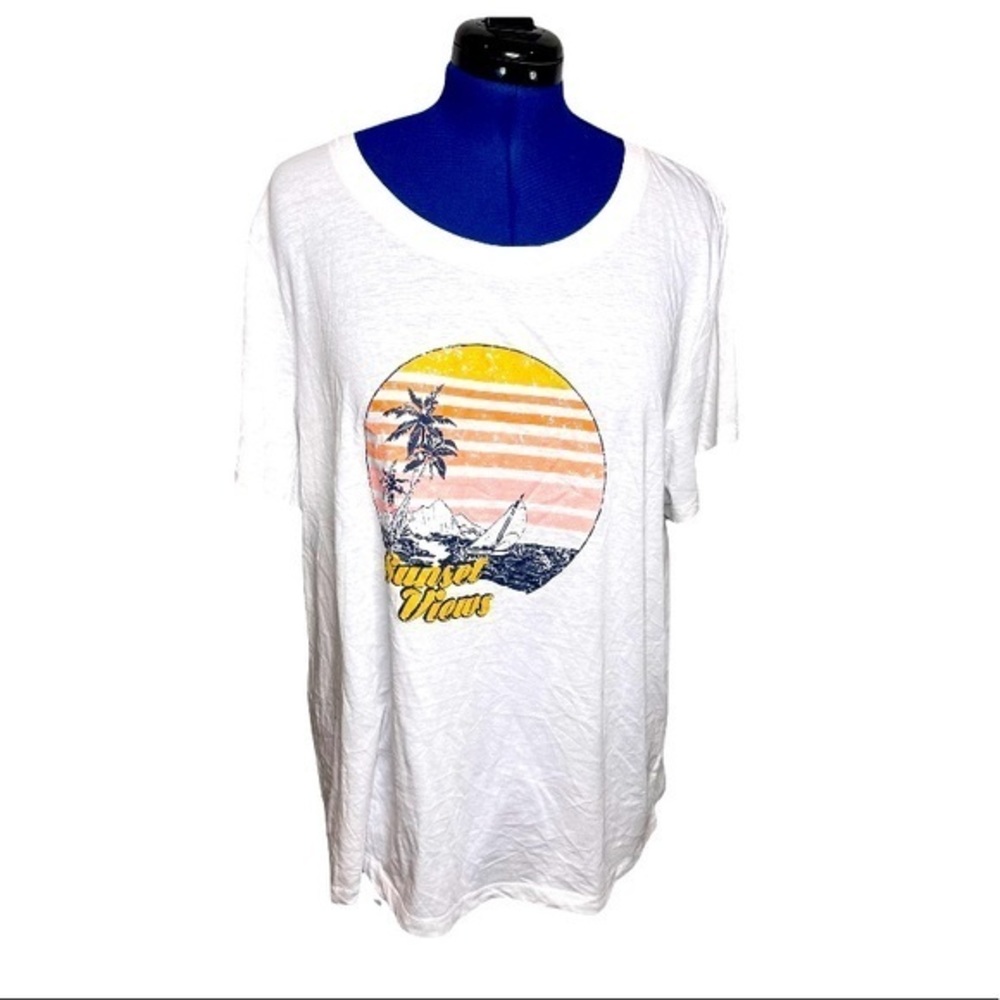 C&C California 3X white crew neck retro graphic short sleeve cotton blend top